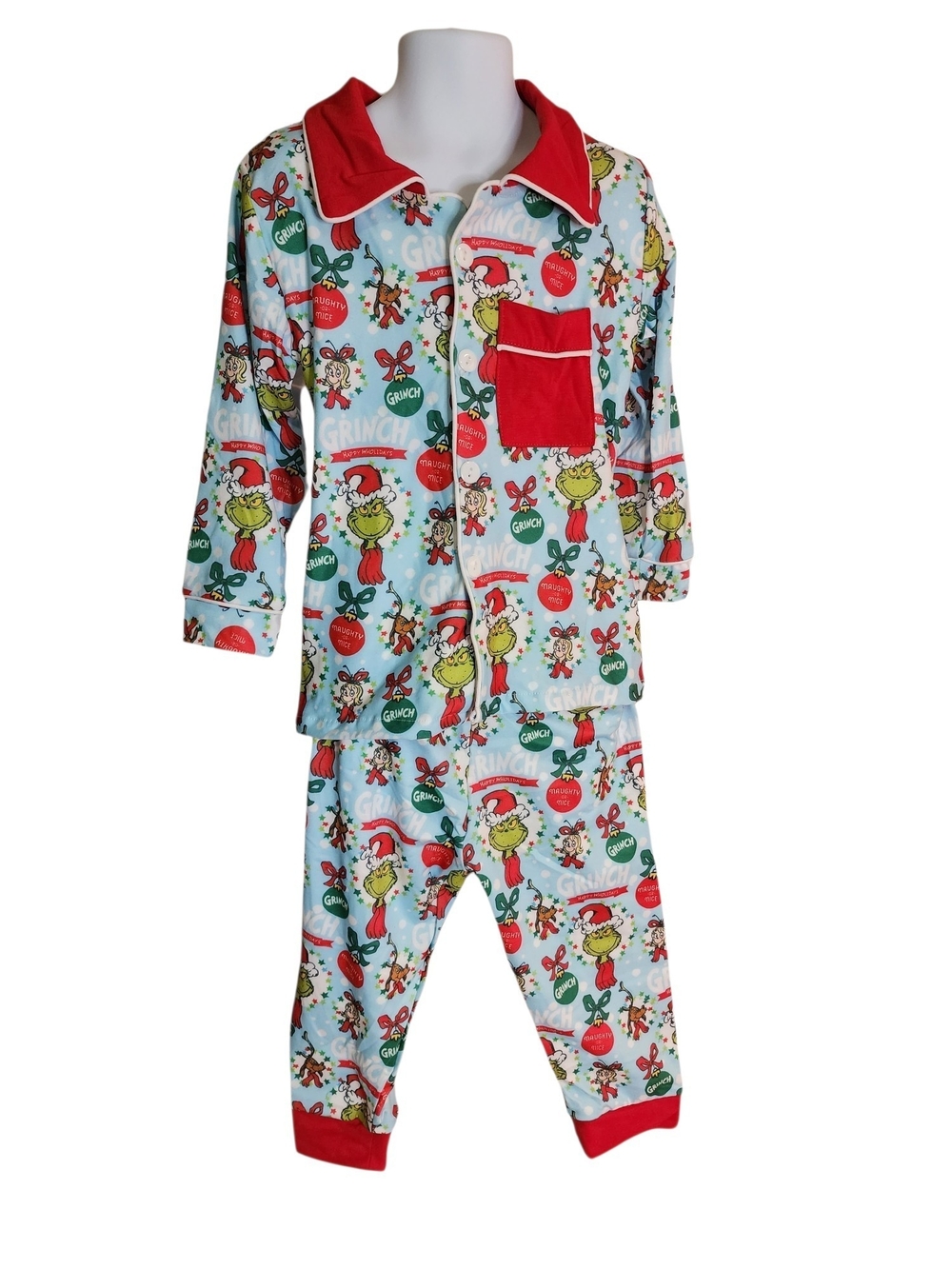 Grinch Kids Holiday Pajama Set - Red & Light Blue